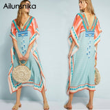Ailunsnika Plus Size Women Summer African Ethnic Print Kaftan Maxi Dress 2018 Summer Loose Vintage Boho Beach Long Dress MX352