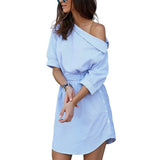 Summer Women Dress Blue Striped Shirt Short Dress Mini Sexy Side Split Half Sleeve Beach Dresses 2018 Plus Size Sundress 3XL